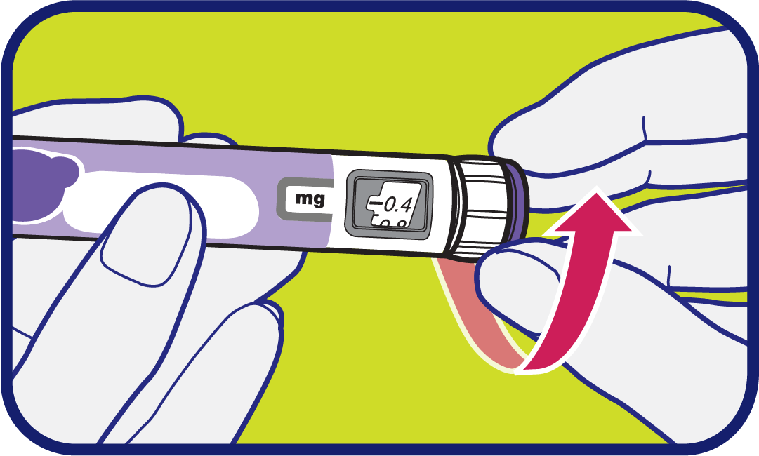 The dose knob is being turned until 0.4 is shown in the dose window.