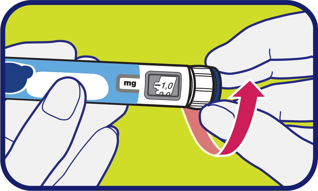 Le bouton de sélection est tourné jusqu’à ce que 1,0 soit visible dans la fenêtre d’affichage de la dose.